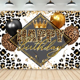 Newsely Leopard Happy Birthday Backdrop 7Wx5H Photography Woman Girl Cheetah Print Queen Golden Glitter Balloons Luxury Elegant Vintage Background Party Decorations Banner Photo Booth Props Supplies