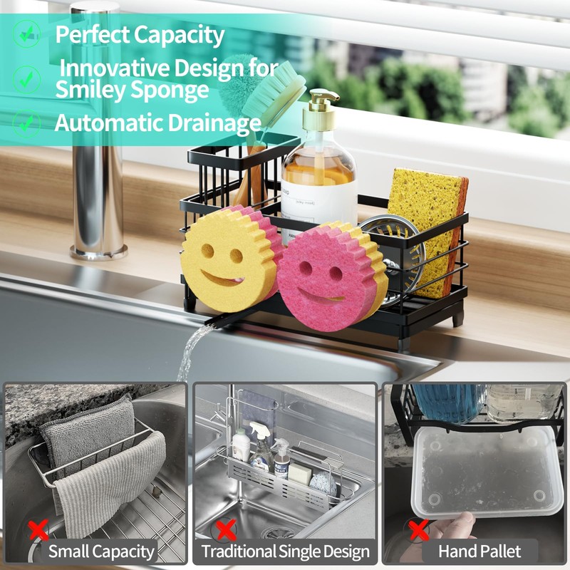 HapiRm Sink Caddy Sponge Holder - Self-draining Kitchen Sink Organizer