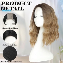 Ombre Blonde Short Wavy Wigs for Women Middle Part Lace Hairline Bob Wig Synthetic Hair 14 Inch Highlight Natural Hair for Daily Party Use