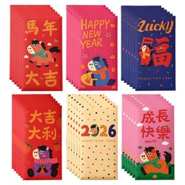 Red Envelopes Chinese New Year, 6 Patterns 36 Pcs Lunar New Year of The Horse 2026 Red Envelopes, Chinese Lunar Decorations 2026 Packets Hong Bao Envelope, Money Cash Envelope for Gifts Decorations