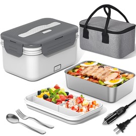 Electric Lunch Box Food Heater 100W, 4 in 1 Ultra Quick Heated Lunch Boxes for Adults 12V/24V/110V/220V Portable Food Warmer for Car/Truck/Office With Fork Spoon and Insulated Carry Bag