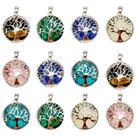 Toaob Tree of Life Pendants Metal Frame with Natural Stones Healing Crystal 27 mm for Jewellery Accessories Pack of 6, Stone, Crystal