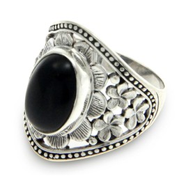 NOVICA Artisan Crafted Sterling Silver Flower Cocktail Ringe | Onyx Gemstone | Waterfall Jewelry | Combination Finish | Hypoallergenic Jewelry| Lead & Nickel Free | Indonesia 'Frangipani Mystery'