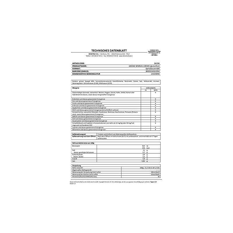 Green Asparagus Cream Capricci 580 gr. - Demetra