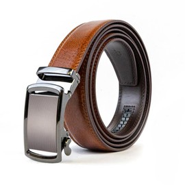 Men's Adjustable Leather Belt, Automatic Buckle Ratchet Belts for Men Dress, Jeans & Suits, UP to 10XL (60”) and a Gift Keyring (Brown, Small 28"-31")