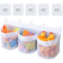 GUOYOU 3 Compartment Hanging Toy Storage Bag, Bath Toy Storage Net, Quick Dry Mesh Bath Organizer with 5 Strong Suction Hooks, for Bathtub Bathroom Toy Classification and Organiz