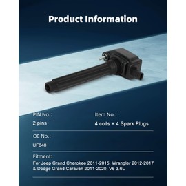ECCPP 4 ignition coils with 4 iridium Spark Plugs,UF648,coils packs,for Jeep Grand,for Cherokee 2011 2012 2013 2014 2015,for Wrangler 2012-2017 &,for Dodge Grand Caravan 2011-2020,V6 3.6L,UF648