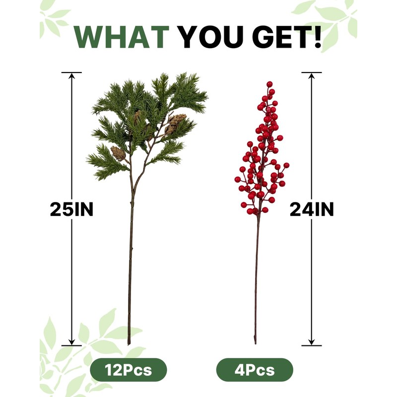 16Pcs 25'' Christmas Greenery with Red Berries,Artificial Pine Branches, Artificial