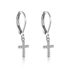 ONEFINITY Tiny Cross Earrings Sterling Silver Leverback Cubic Zirconia Cross Dangle Drop Earring Religion Jewelry for Women