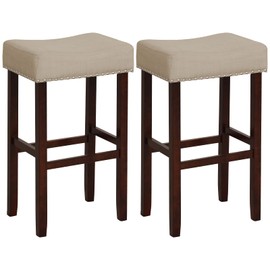 Giantex 29.5" Bar Height Bar Stools Set of 2 - Backless Saddle Barstools with Nailhead Linen Foam Seat, Max Load 330 Lbs Wood Bar Stools with Foot Rest for Kitchen Island, Khaki