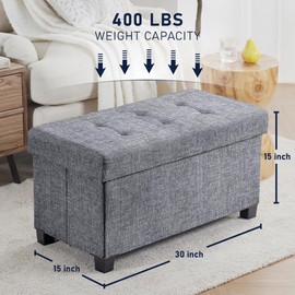 Ornavo Home 30 Inch Storage Ottoman, Large Storage Bench, Ottoman with Storage with Legs, Foot Rest Stool, Bedroom Bench - Gray