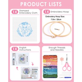 TINDTOP Embroidery Kit for Beginners Adult, Elephant Embroidery Kit for Beginners Include Embroidery Cloth Hoops Threads for Craft Lover Hand Stitch with Embroidery Skill Techniques