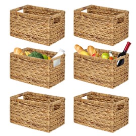 BARIEN Set of 6 Natural Water Hyacinth Woven Storage Baskets 12.6” x 8” x 7”, Rectangular Wicker Basket with Built-in Handles, Medium (Natural - Set of 6)