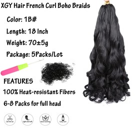 XGY Hair French Curly Braiding Hair 18 Inch 5 Packs Black Color French Curl Braids Pre Stretched Bouncy Braiding Hair Loose Wavy Braid Synthetic Hair Extensions For Women (Black, 18inch)