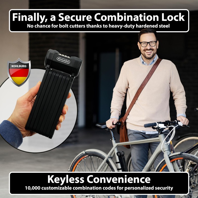 KOHLBURG Folding Bike Lock [43”] Bolt Cutter Proof with 4-Digit