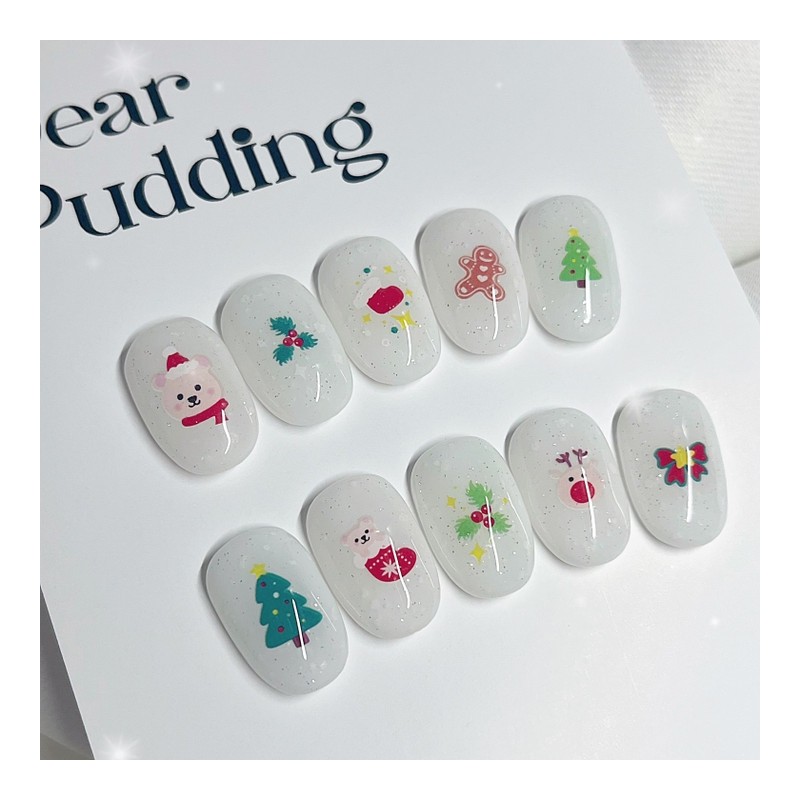 [Handmade Nail Tips] Mini Santa Nail Tips - Short Ballerina