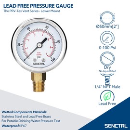 SENCTRL 100 Psi Lead-Free Pressure Gauge, 2" Dial, 1/4 NPT Lower Mount, Waterproof, Stainless Steel Case, for Home Potable Water Tank, Well Pump, RV Regulator, Espresso, Pool Filter Test