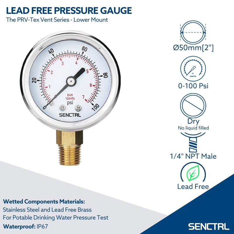 SENCTRL 100 Psi Lead-Free Pressure Gauge, 2" Dial, 1/4 NPT
