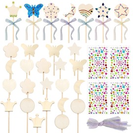 21Pcs Princess Fairy Wands Kit, Princess Magic Wands, 7 Styles Unfinished Wooden DIY Magical Wand and 4 Gem Stickers DIY Magical Wand Crafts Cosplay Costume Party Supplies Gifts