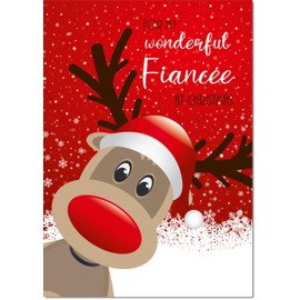 doodlecards Fiancee Christmas Card Rudolph in Snow Medium Size Christmas Card for Fiancee with Plain Envelope