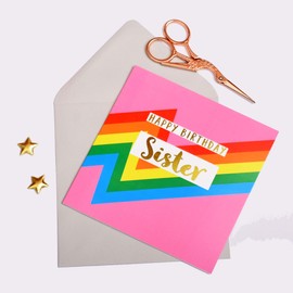 Claire Giles Happy Birthday Sister, Pink Colour Bolts, Greeting Card with Text Foiled in Shiny Gold, pink|brown|green|blue|orange