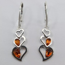 Amber America Genuine Cognac / Brown BALTIC AMBER Heart Earrings 925 STERLING SILVER #7504