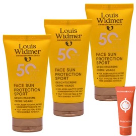 Louis Widmer Face Sun Protection Sport 50, 3x 50 ml I leichte, feuchtigkeitsspendende Gesichtsemulsion I extra wasserfest I schweissresistent I hoher UV-Schutz I Spar-Set plus Pharma-Perle give-away