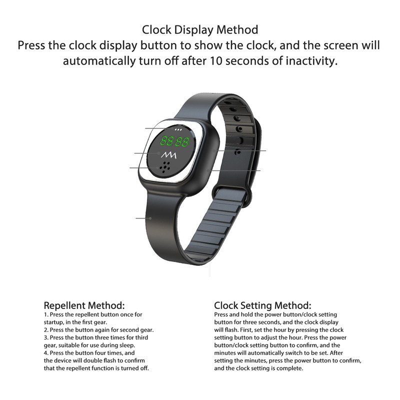 Ultrasonic Repellent Bracelet Watch with Clock Function Rechargeable Waterproof Repellent
