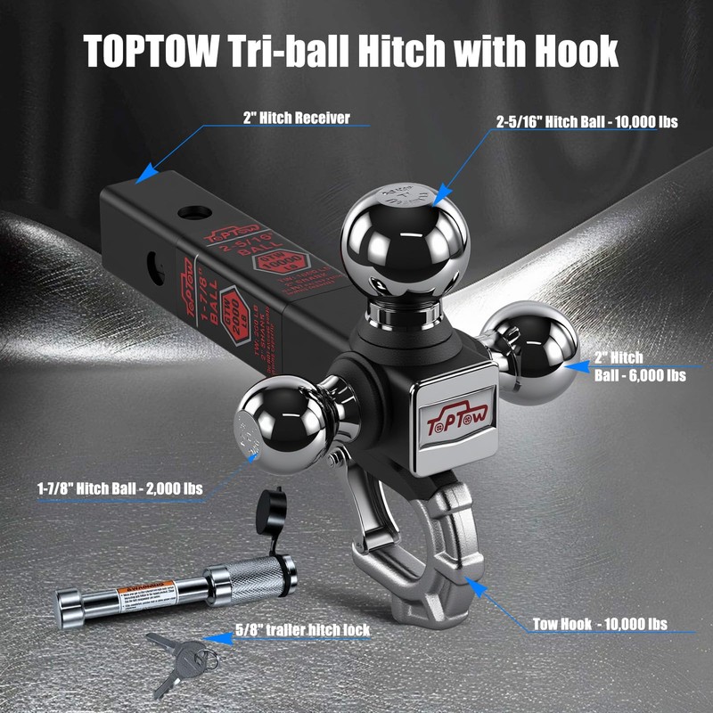 TOPTOW Trailer Hitch Tri-Ball Hitch with Hook, Triple Tow Balls,