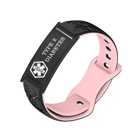 AOAMID Medical Alert Bracelets for Men Women Adjustable Free Engraving Sport Silicone Medical ID Bracelets 8.5 Inches (Black Pink-type 2 diabete)