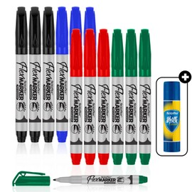FLEXOFFICE 12 Fine Tip Permanent Markers, Assorted Colors and 1 Washable Glue Stick, Non-Toxic, Waterproof, Holiday Gifts Set Markers for Adults, Kids, Teens to Craft Decorations, Design Cards