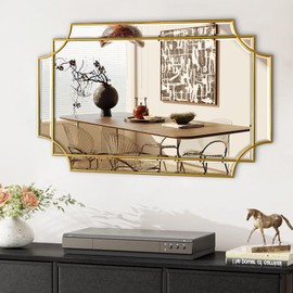 HQiJun Gold Mirror for Wall, 36x24 Gold Wood Framed, Scalloped Beveled Polished Rectangle Mirror, Large Decorative Mirrors for Wall Decor, Irregular Mirror for Living Room, Bathroom Vanity, Entryway