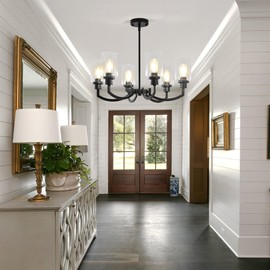 XLHYTF 6 Light Farmhouse Chandeliers for Dining Room Light Fixtures Over Table, Industrial Hanging Lighting with Clear Glass Shade for Living Room Kitchen Island Bathroom Entryway Bedroom