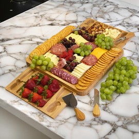 Bam & Boo Natural Bamboo Charcuterie Board Set with Included Cheese Knives - Cheese & Meat for Anniversaries, Gifts, Weddings, House Warming, Parties (Large, 13” x 13” x 2”)