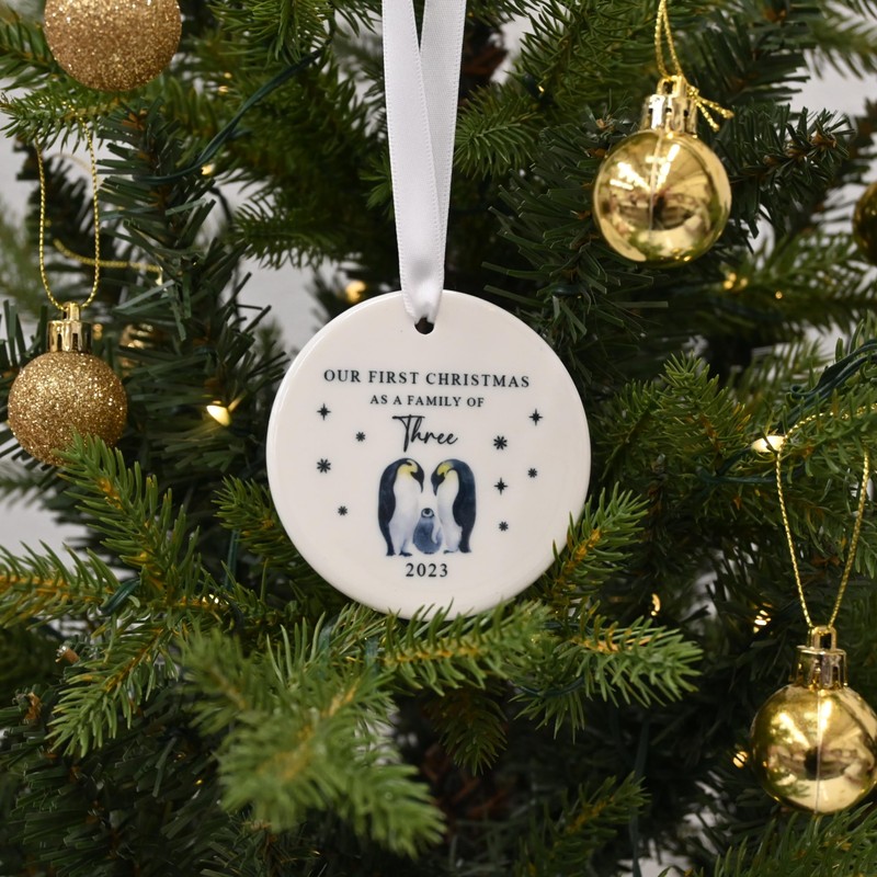 Family of Three First Christmas Ceramic Bauble - Penguin-Themed Festive