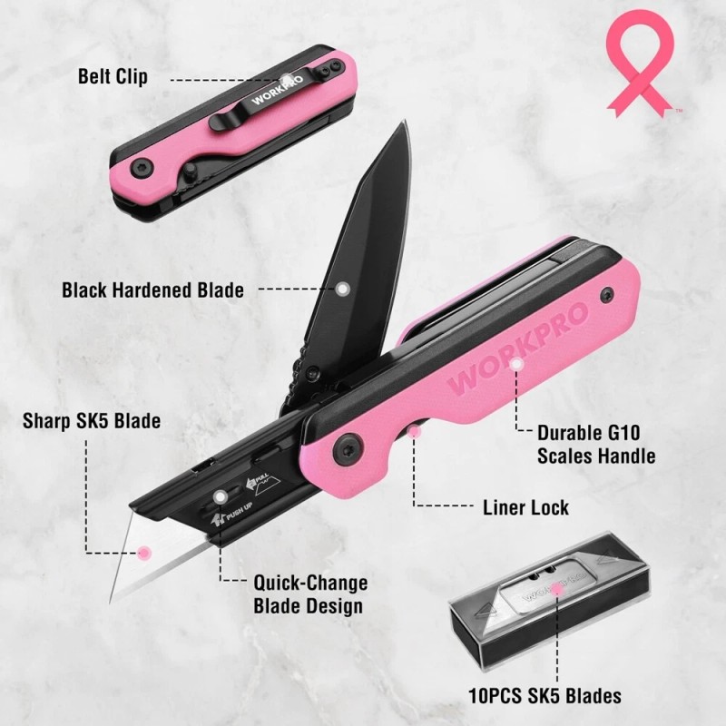 WORKPRO 2-in-1 Folding Knife/Utility Knife uick-Change Box Cutter 10 SK5