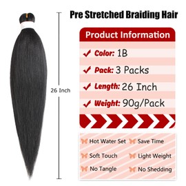 Pre Stretched Braiding Hair Black 26''3 Packs Braiding Hair Natural Crochet Braid Hair Synthetic Hair Extensions for Women Hot Water Setting Professional Soft Yaki Texture (26 Inch,1B#)