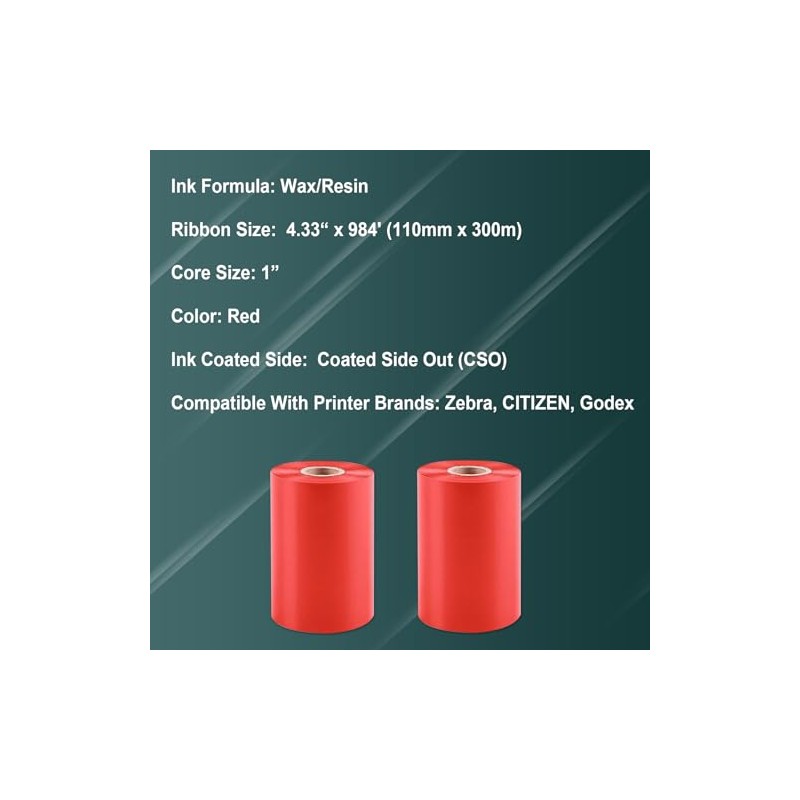 2 Rolls 4.33" x 984'(110mm x 300m) Red, Wax/Resin Thermal