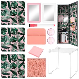Colarr 17 Pcs Locker Organizer and Decorating Kit Back to School Essentials Include Magnetic Locker Wallpaper Locker Shelf Pencil Holder with Marker Mirror Rug Sticky Note (Light Pink,Leaves Style)