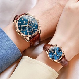 OLEVS Valentines Couple Pair Quartz Watches His and Her Couple Set Leather Chronograph Diamond Wrist Watch Men Women Lovers Wedding Romantic Gifts