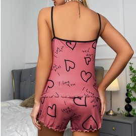 SamHeng Women's 2 Piece Summer Pyjamas Set Letter Heart Print Sleeveless Cami Top and Shorts Loungewear Sleeveless Sleepwear PJ Set Nightwear(Red/M)