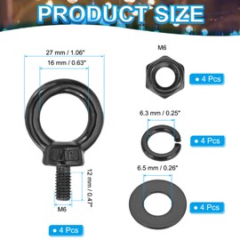 PATIKIL M6x12mm Lifting Shoulder Eye Bolt, 4Pcs 304 Stainless Steel Lifting Ring Threaded Eyebolt with Hex Lock Nut/Lock Washer/Flat Washer for Hanging Hammocks Articles, Black