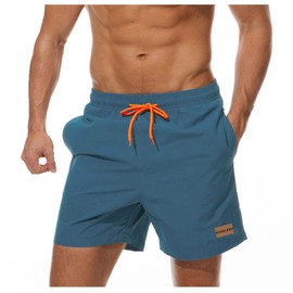 Ougelebo Men's Swimming Trunks with Zip Pocket, Quick-Drying, peacock blue
