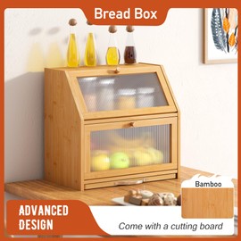 GHWIE Double Layer Large Bamboo Bread Box for Kitchen Countertop, Extra Large Bamboo Bread Box for Homemade Bread box with Cutting Board, Bread Storage Container Farmhouse Bread Box with Window