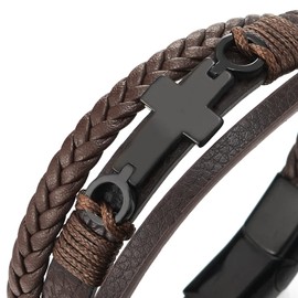 COOLSTEELANDBEYOND Black Steel Horizontal Sideway Lateral Flat Cross Three-Strand Brown Braided Leather Bangle Bracelet(CA)