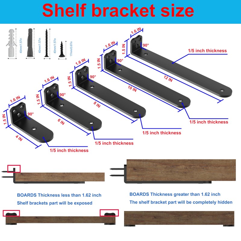 Neevolve Floating Shelf Bracket, 10 Inch 6PACK Black Heavy Duty