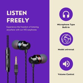 Earphones, In-Ear Headphones Earphones with 3.5mm Hi-Res Extra Bass, Noise Isolating, Wired Earbuds with Microphone and Volume Control, Compatible With all Smartphones Tablets Laptops. (Black)