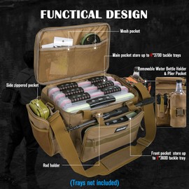 Goture Fishing Tackle Bag, Store Up to 4PCS 3700 Plus 2PCS 3600 Tackle Trays(Not Included), 600D Soft Side Gear Fishing Bag with Rod Straps,Detachable Water Bottle Pouch,Waterproof Bottom,SBS Zippers