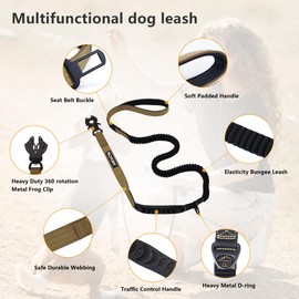 No Pull Tactical Dog Leashes for Medium Large Dogs Heavy Duty with Aluminum Frog Clip， Reflective Bungee Dog Leash with Soft Paded Handle，Darkbrown 4-6FT Long&Strong Dog Leash with Car Seat Belt