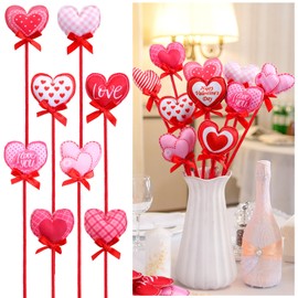 Yuntau 16 Pcs Valentine's Day Heart Floral Picks 12" 3D Wooden Valentines Foam Hearts Stems Plush Heart Sticks Valentines Decor for Flower Arrangement Wedding Table Centerpiece Vase Filler Home Decor